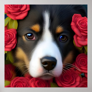 Corgi Puppy in red roses Poster