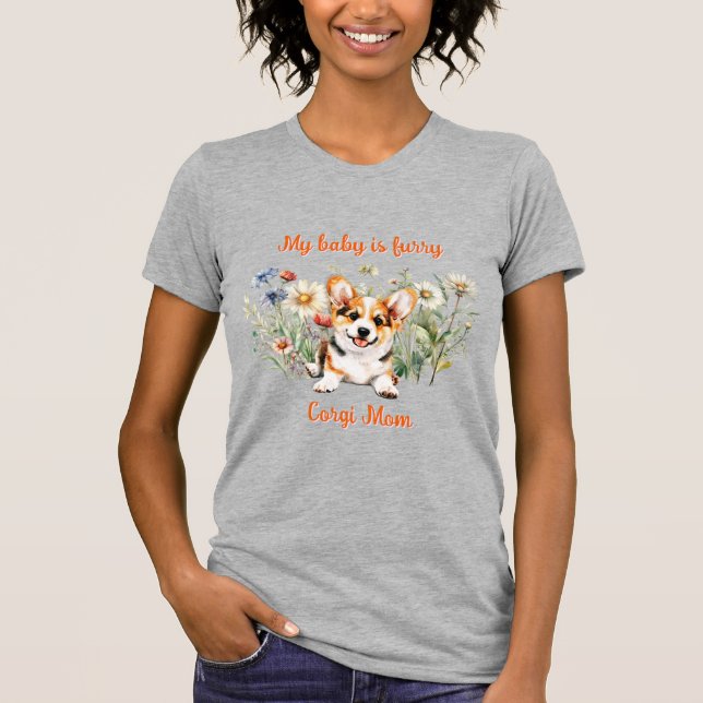 Corgi Puppy in Wildflowers Custom Wording  T-Shirt (Front)