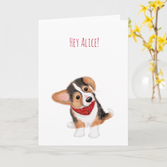 Corgi puppy thinking of you personalized card (Yellow Flower)