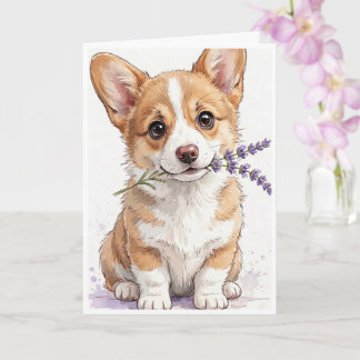 Corgi puppy with a stem of lavender card