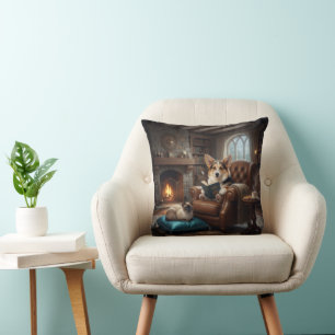 Corgi reads to cat cushion
