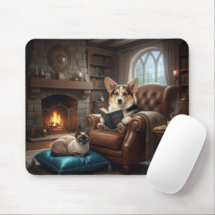 Corgi reads to cat mouse pad