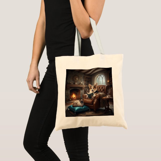 Corgi reads to cat tote bag (Front (Product))