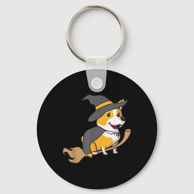 Corgi Riding Broomstick Funny Halloween Dog Key Ring (Front)