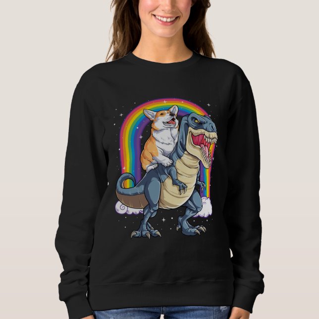 Corgi Riding Dinosaur rex  Men Women Rainbow Sweatshirt (Front)
