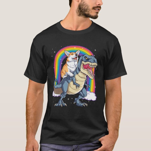 Corgi Riding Dinosaur rex  Men Women Rainbow T-Shirt (Front)