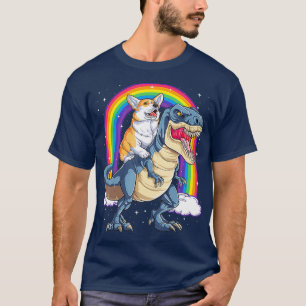 Corgi Riding Dinosaur T rex Funny Space Galaxy T-Shirt