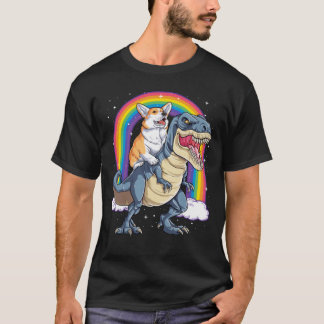 Corgi Riding Dinosaur T rex Shirt Funny Rainbow Do