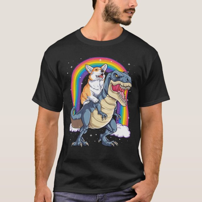 Corgi Riding Dinosaur T rex Shirt Funny Rainbow Do (Front)