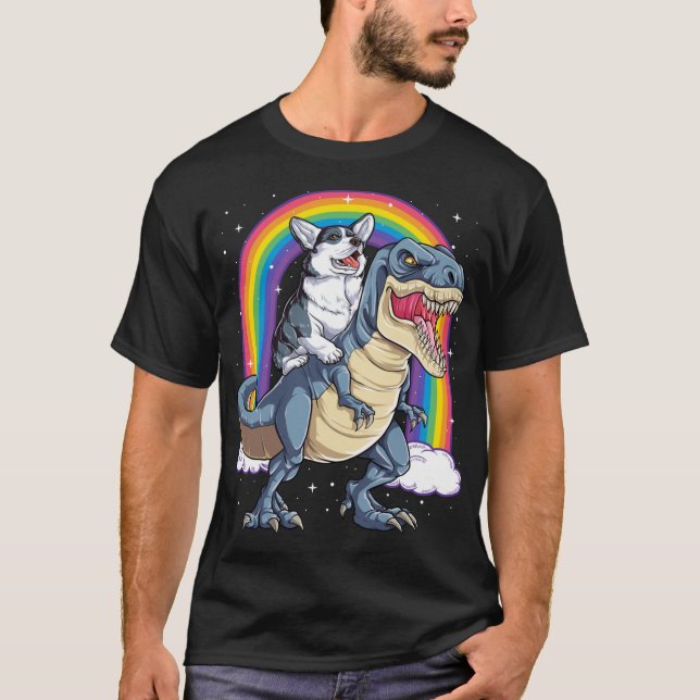 Corgi Riding Dinosaur T rex Shirt Funny Rainbow Do (Front)