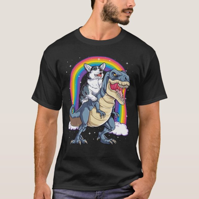 Corgi Riding Dinosaur T rex Shirt Funny Rainbow Do (Front)