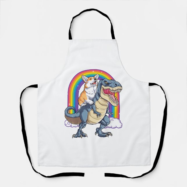 Corgi Riding Dinosaur T rex Shirt Funny Rainbow Do Apron (Front)