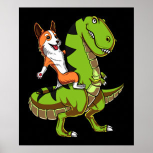 Corgi Riding T-Rex Dinosaur Funny Dog Poster