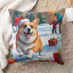 Corgi Running in Snow with Christmas Hat Cushion