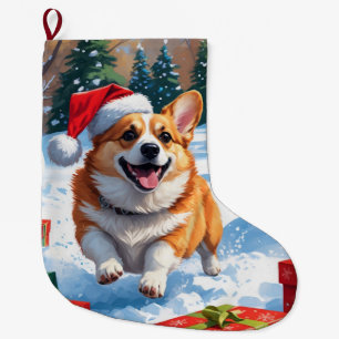Corgi Running in Snow with Christmas Hat Large Christmas Stocking