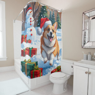 Corgi Running in Snow with Christmas Hat Shower Curtain