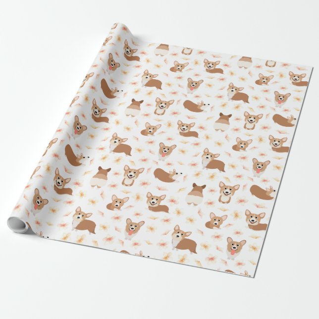 Corgi Sakura Cherry Blossom Pattern Wrapping Paper (Unrolled)