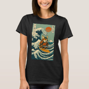 Corgi Samurai Surfing Japanese Wave Katana  T-Shirt