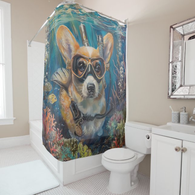 Corgi Scuba Diving Underwater Shower Curtain (In Situ)