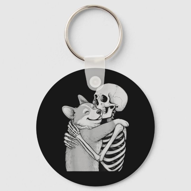 Corgi Skeleton Hug Halloween Dog Lover Key Ring (Front)