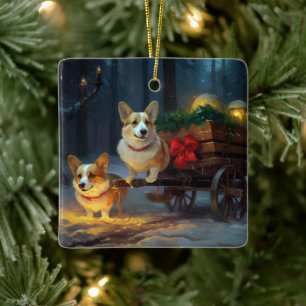 Corgi Snowy Sleigh Christmas Decor  Ceramic Ornament
