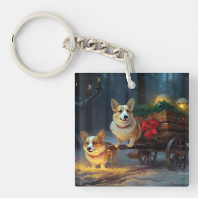 Corgi Snowy Sleigh Christmas Decor  Key Ring (Front)