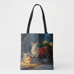 Corgi Snowy Sleigh Christmas Decor Tote Bag