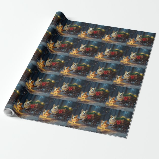 Corgi Snowy Sleigh Christmas Decor  Wrapping Paper (Unrolled)