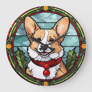 Corgi Stained Glass Christmas Large Clock
