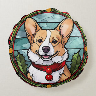 Corgi Stained Glass Christmas Round Cushion