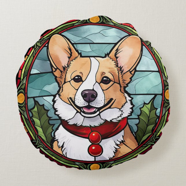 Corgi Stained Glass Christmas Round Cushion (Back)