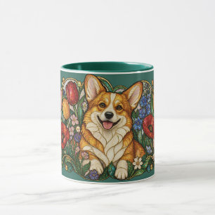 Corgi Stained Glass Floral Art Nouveau Mug