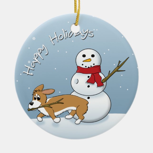 Corgi Steals Snowman's Arm Christmas Ornament (Front)