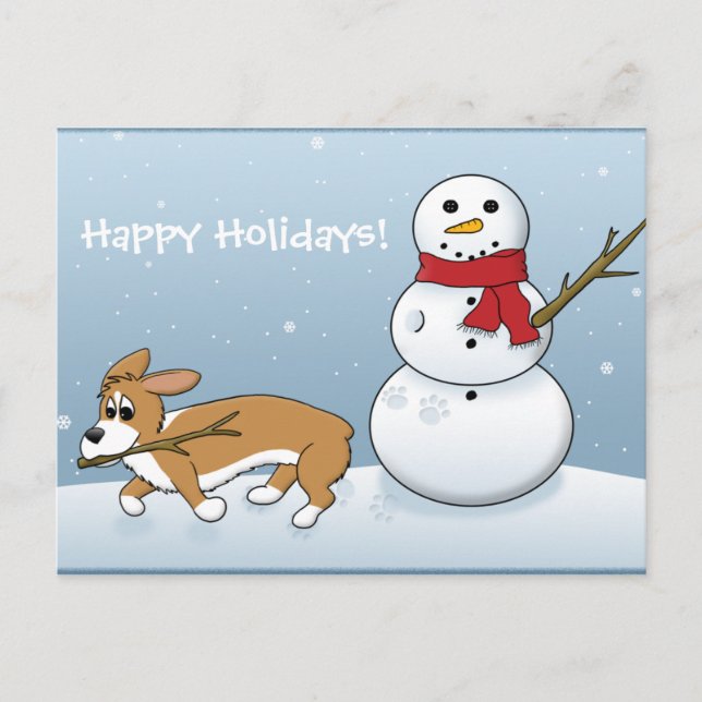 Corgi Steals Snowman's Arm Holiday Postcard (Front)