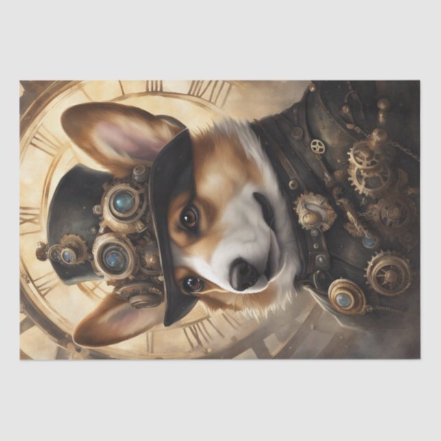 Corgi Steampunk Dreams: A Mechanical Decoupage Tissue Paper (Front)