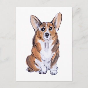 Corgi sumie watercolor painting postcard