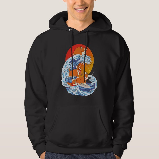 Corgi Surfer Surfing Surf Board Corgi Hoodie (Front)