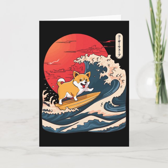 Corgi Surfing Japanese Wave _4  Card (Front)