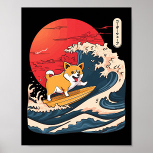 Corgi Surfing Japanese Wave _4 Poster