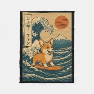 Corgi Surfing Japanese Wave _5 Fleece Blanket