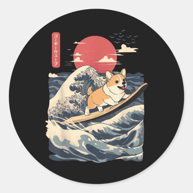 Corgi Surfing Japanese Wave  Classic Round Sticker (Front)