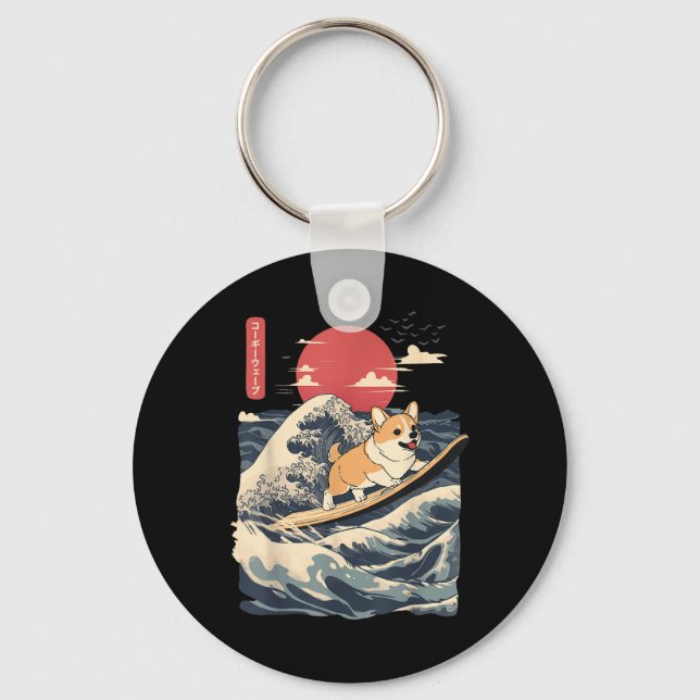Corgi Surfing Japanese Wave  Key Ring (Front)