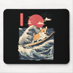 Corgi Surfing Japanese Wave Mouse Pad