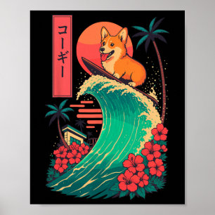 Corgi Surfing Japanese Wave Poster