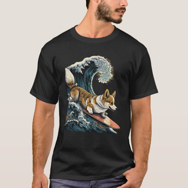 Corgi Surfing Kanagawa Japanese The great wave T-Shirt (Front)