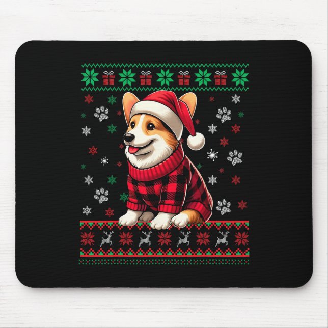 Corgi Ugly Christmas Funny Santa Hat Buffalo Plaid Mouse Pad (Front)