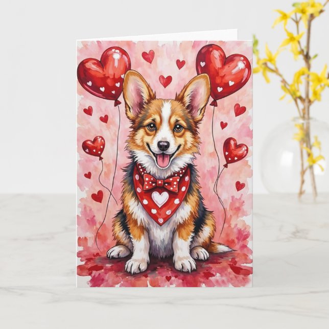 Corgi Valentine’s Day Dog with Hearts Red Card (Yellow Flower)