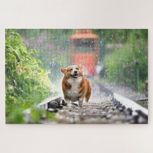 Corgi walking on train tracks jigsaw puzzle (Horizontal)
