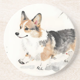 Corgi Watercolor – Whimsical Japanese Ink Dog Art Coaster