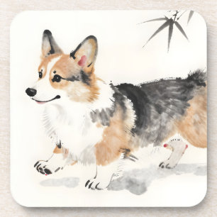 Corgi Watercolor – Whimsical Japanese Ink Dog Art Coaster